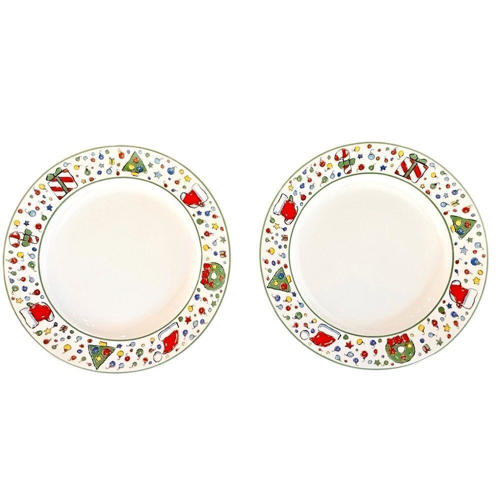 Block Basics Vintage Set of 2 Christmas Party Festive Dinner Plates. 1995.